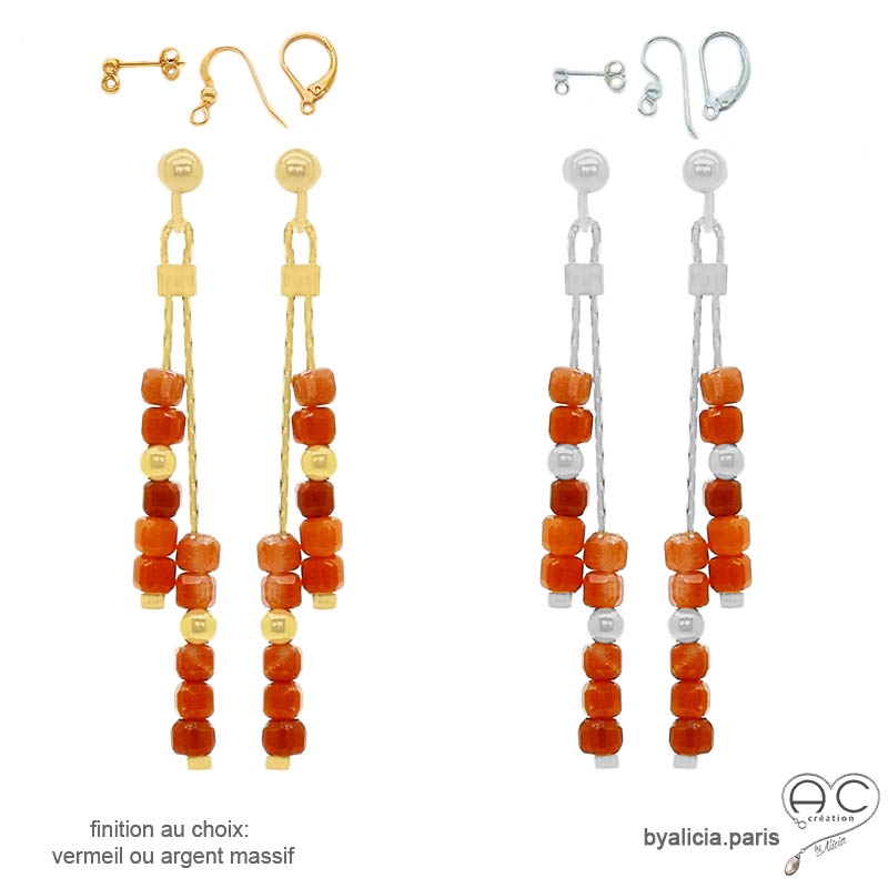 pierre cornaline boucles d'oreilles pierre orange femme en argent ou vermeil artisanal fabriqué à la main en France