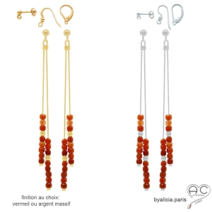 Boucles d'oreilles femme pierre cornaline argent ou vermeil fines longues fait main en France création by Alicia