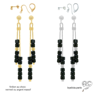 pierre spinelle noire boucles d'oreilles pierre naturelle en argent ou vermeil artisanal fabriqué à la main en France