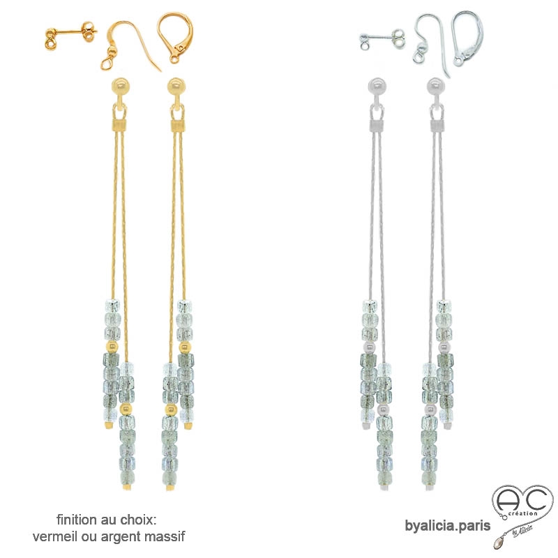 pierre labradorite boucles d'oreilles longues pierre naturelle en argent ou vermeil artisanal fabriqué à la main en France