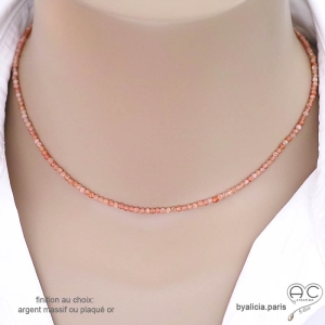 Pierre de soleil collier ras de cou fin chaine en  pierre naturelle couleur abricot fait main création by Alicia
