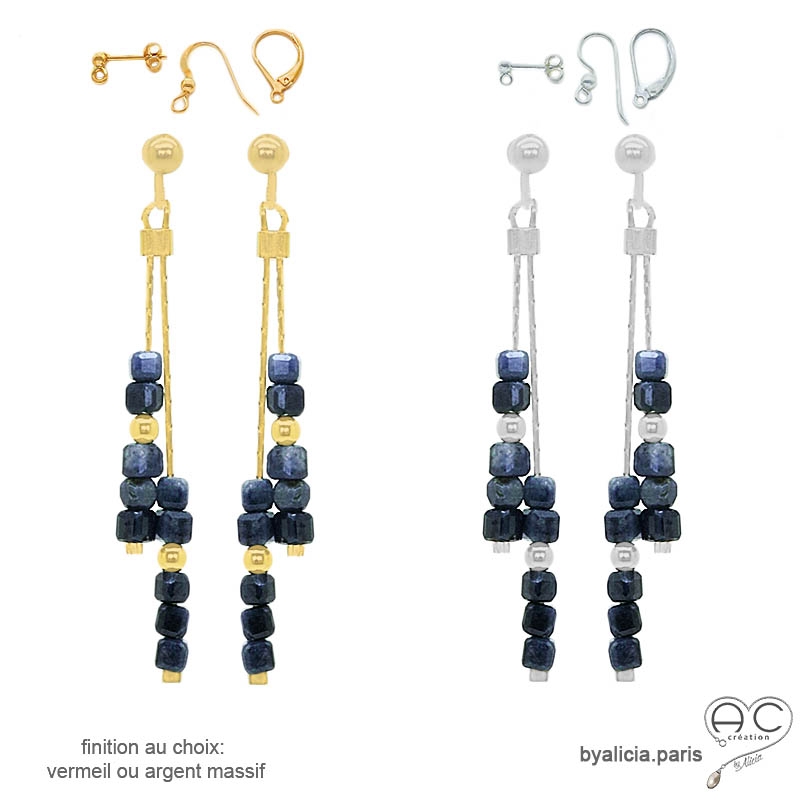 pierre saphir boucles d'oreilles bleu marine femme en argent ou vermeil artisanal fabriqué à la main en France