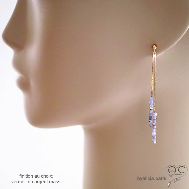 Boucles d'oreilles bleu femme pierre tanzanite véritable fines longues fait main en France création by Alicia