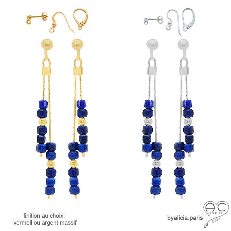 pierre lapis-lazuli boucles d'oreilles bleu femme en argent ou vermeil artisanal fabriqué à la main en France