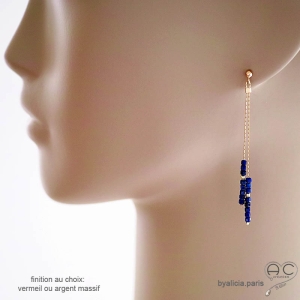 Boucles d'oreilles bleu longues femme lapis-lazuli véritable fines pendantes fait main en France création by Alicia
