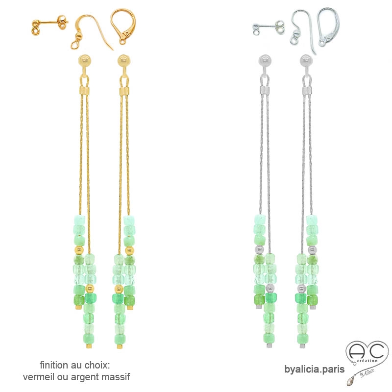 pierre chrysoprase boucles d'oreilles vertes fines femme en argent ou vermeil artisanal fabriqué à la main en France