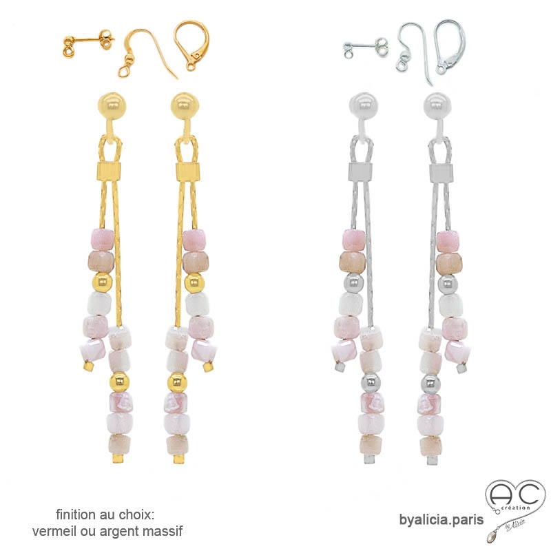 boucles d'oreilles rose femme discréte fines pierre naturelle opale rose fait sur mesure en France