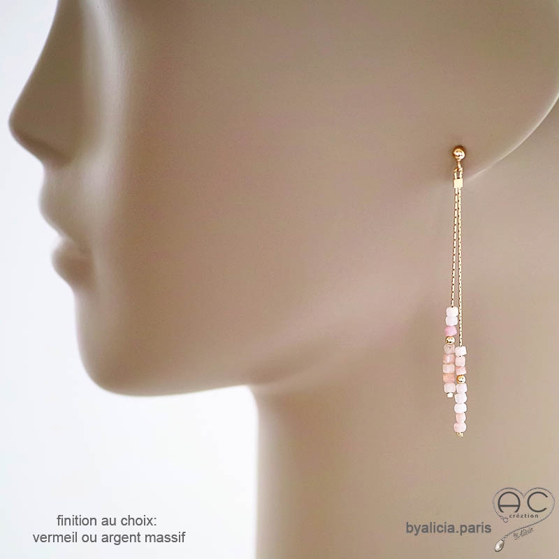 boucles d'oreilles rose femme discréte fines longues pierre naturelle opale rose fait à la main sur mesure en France