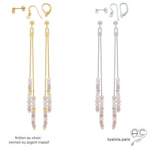 pierre opale rose boucles d'oreilles femme vermeil ou argent longues raffinées délicates créateur fait à la main en France