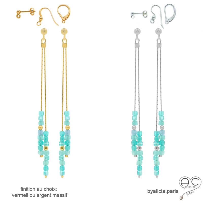 boucles d'oreilles bleu azure femme longues discréte fines pierre naturelle amazonite fait sur mesure en France