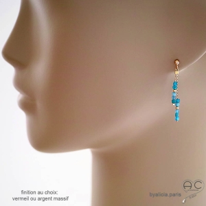 boucles d'oreilles bleu azure femme discréte fines pierre naturelle apatite fait à la main sur mesure en France