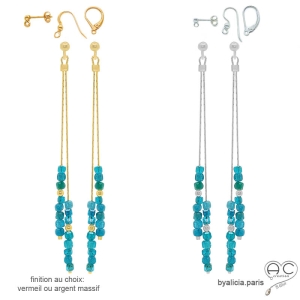 pierre apatite boucles d'oreilles femme vermeil ou argent pierre bleue longues délicates créateur fait à la main en France