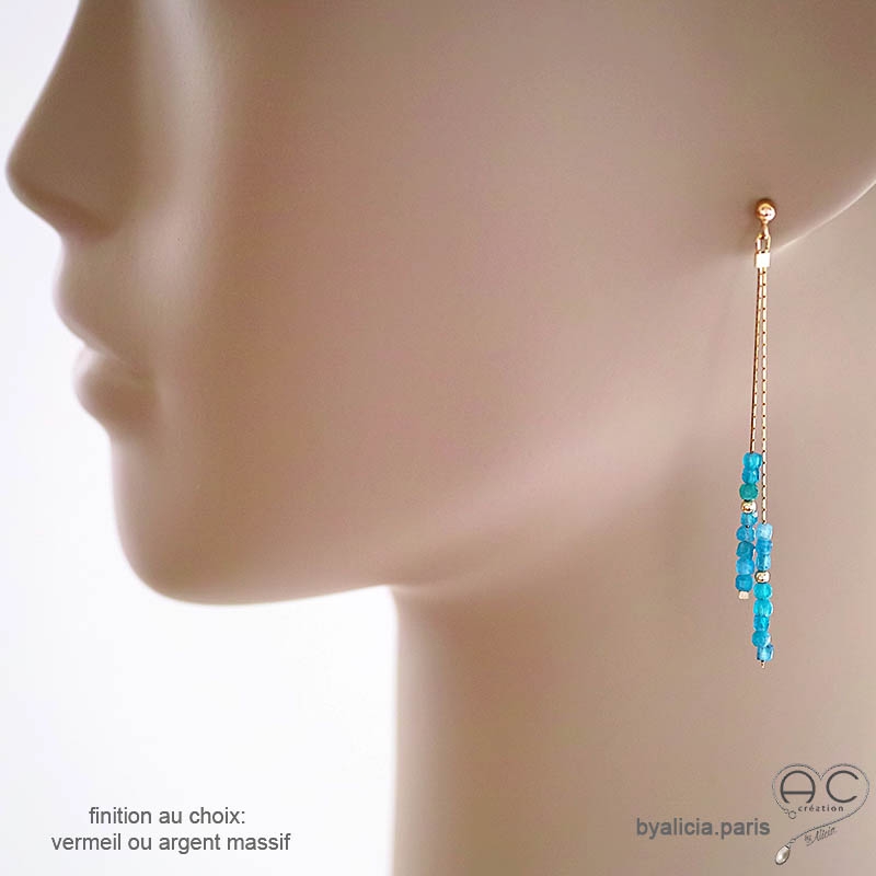 boucles d'oreilles bleu azure femme longues discréte fines pierre naturelle apatite fait à la main sur mesure en France