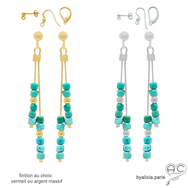 pierre turquoise boucles d'oreilles femme vermeil ou argent raffinées délicates créateur fait à la main en France