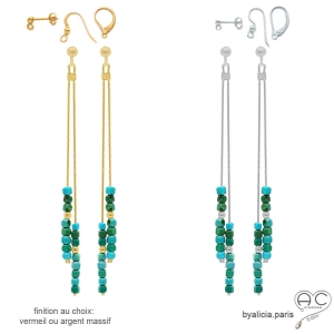 pierre turquoise boucles d'oreilles femme vermeil ou argent lingues délicates créateur fait à la main en France