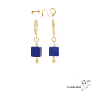 Boucles d'oreilles lapis-lazuli cube et plaqué or pierre naturelle bleue pendantes création by Alicia