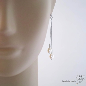 boucles d'oreilles perles de culture argent massif longues pendantes femme fait à la main en France