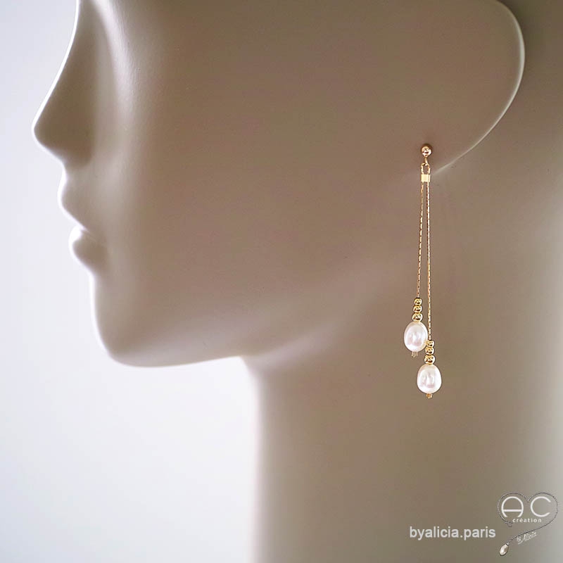 boucles d'oreilles perles de culture vermeil longues pendantes femme fait à la main en France