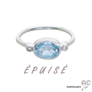 Bague topaz bleue entouré par petits zirconiums, anneau fin en argent massif, pierre naturelle