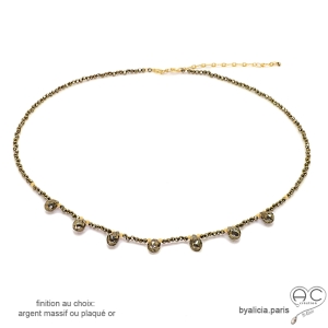 collier ras de cou marron femme avec gouttes en pierre pyrite ras du cou raffiné et délicat