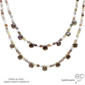 ras de cou femme agate botswana avec pampilles gouttes en quartz fumé, collier fait main en France