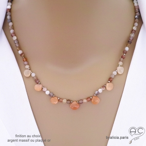 ras de cou pierre de lune couleur orange argent massif collier artisanal raffiné délicat femme