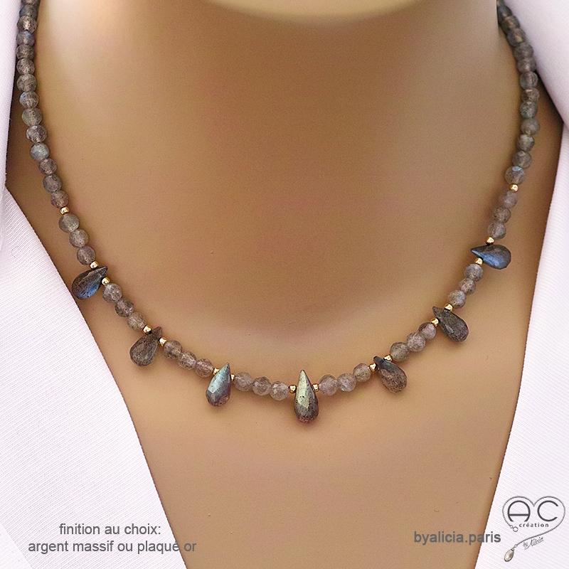 Collier labradorite, pampilles gouttes, ras de cou fin, fait main, création by Alicia