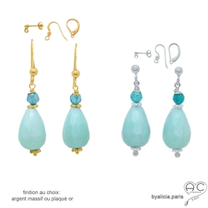 boucles d'oreilles pendantes raffinées en amazonite argent ou plaqué or fait sur mesure