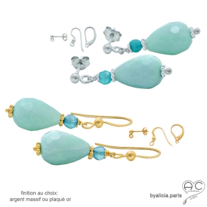 boucles d'oreilles femme en pierre bleue verte amazonite or ou argent fait à la main à l'atelier en France