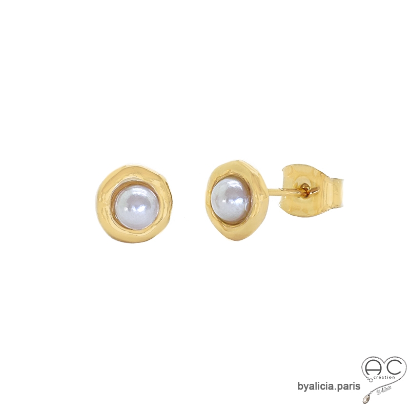 Puces d'oreilles perles naturelles, boucles d'oreilles, clous, sertie clos, plaqué or 3MIC