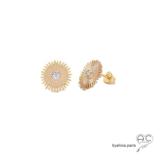 Boucles d'oreilles, soleil avec un zircon brillant sertie clos, en plaqué or satiné, clous, femme