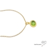 Collier pendentif avec peridot en cabochon, pierre naturelle vert, ovale, plaqué or, ras de cou, femme