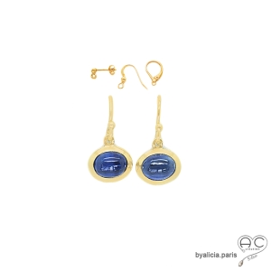 boucles d'oreilles avec tanzanite en cabochon, pierre naturelle bleu, ovale, plaqué or, pendantes, femme