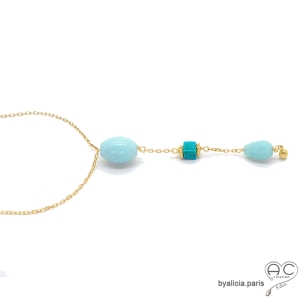 pierre amazonite et turquoise sur une chaîne plaqué or colier cravate femme raffiné fait main en France