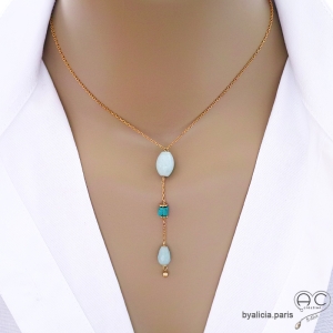 ras de cou cravate en plaqué or avec amazonite et turquoise collier long femme fait sur mesure