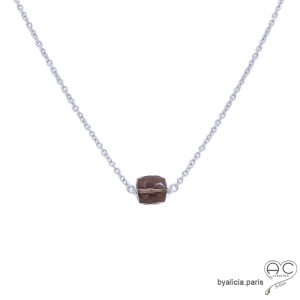 pierre quartz fumé collier ras du cou choker en argent et pierre naturelle marron fait main sur mesure en France