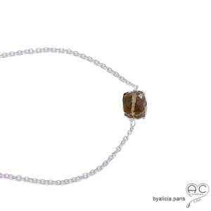 ras de cou choker marron femme en argent massif et quartz fumé fait main sur mesure