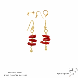 Boucles d'oreilles corail véritable rouge, pendantes, plaqué or ou argent, création by Alicia