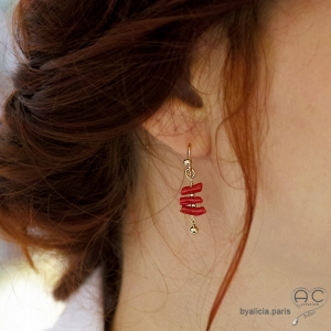 boucles d'oreilles rouge femme corail véritable plaqué or ou argent fait à la main en France