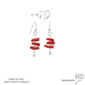 Boucles d'oreilles corail véritable rouge, pendantes, argent massif, création by Alicia