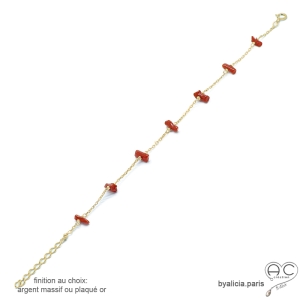 bracelet chaîne fine en plaqué or ou argent massif avec corail rouge véritable fait sur mesure artisanal