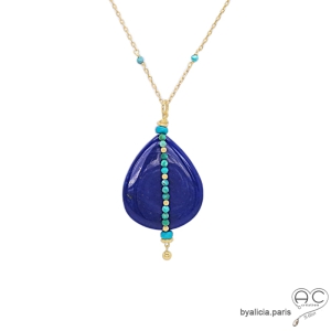 grand pendentif pierre bleue lapis lazuli et petites turquoises fait à la main sur mesure par créateur en France