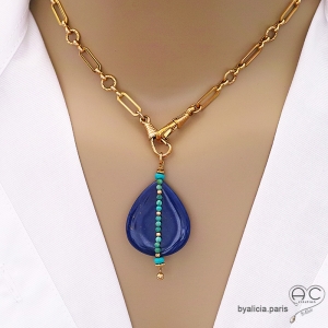 Pendentif lapis lazuli et turquoise, plaqué or, piece unique, fait main, création by Alicia