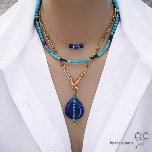 bijoux créateur artisanaux pendentif bleu en lapis lazuli et turquoise fabriqué à la main à l'atelier en France