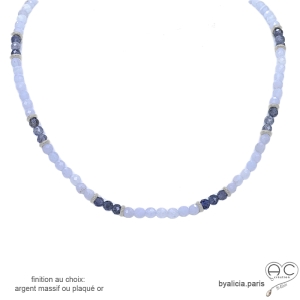 ras du cou bleu femme en pierres naturelles calcédoine et iolite collier argent fait main en France