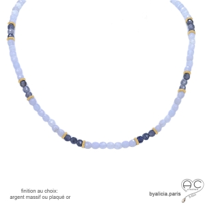 ras du cou bleu femme en pierres naturelles calcédoine et iolite collier plaqué or fait main en France