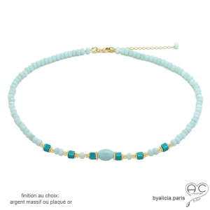 pierre amazonite collier ras de cou femme en plaqué or ou argent massif fait main en France