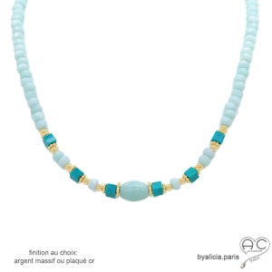 ras de cou bleu turquoise femme en amazonite et plaqué or fait main sur mesure en France