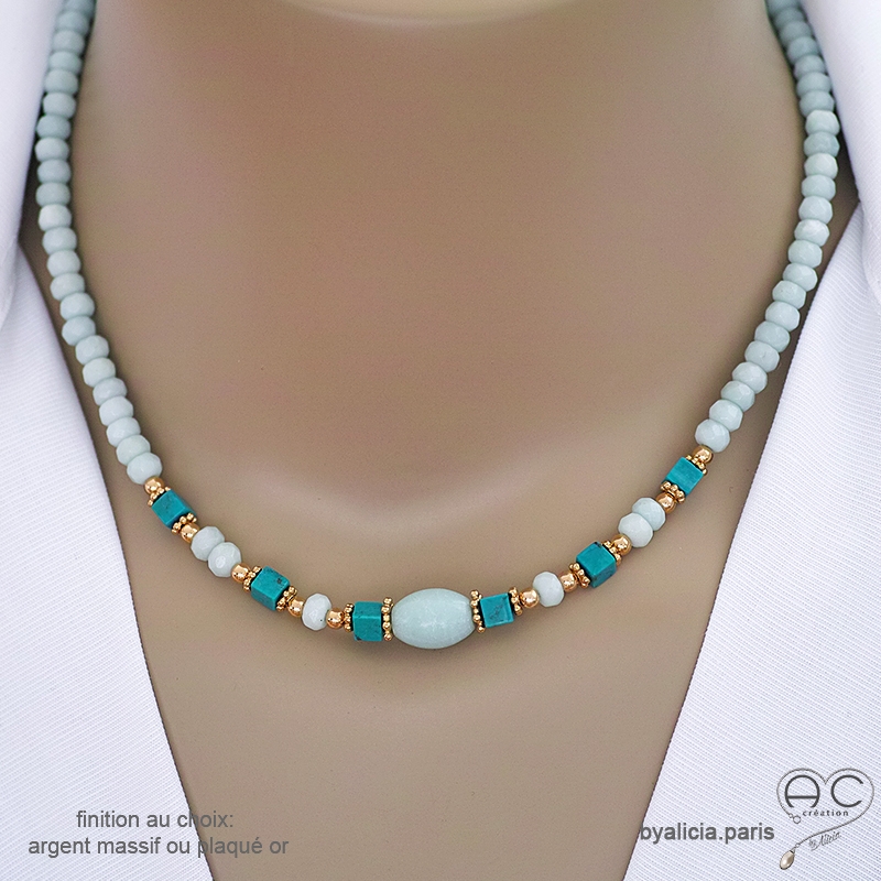 Collier ras de cou amazonite et turquoise véritable, plaqué or ou argent, fait à la main création by Alicia