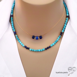 collier ras de cou turquoise et lapis lazuli plaqué or fait à la main sur mesure